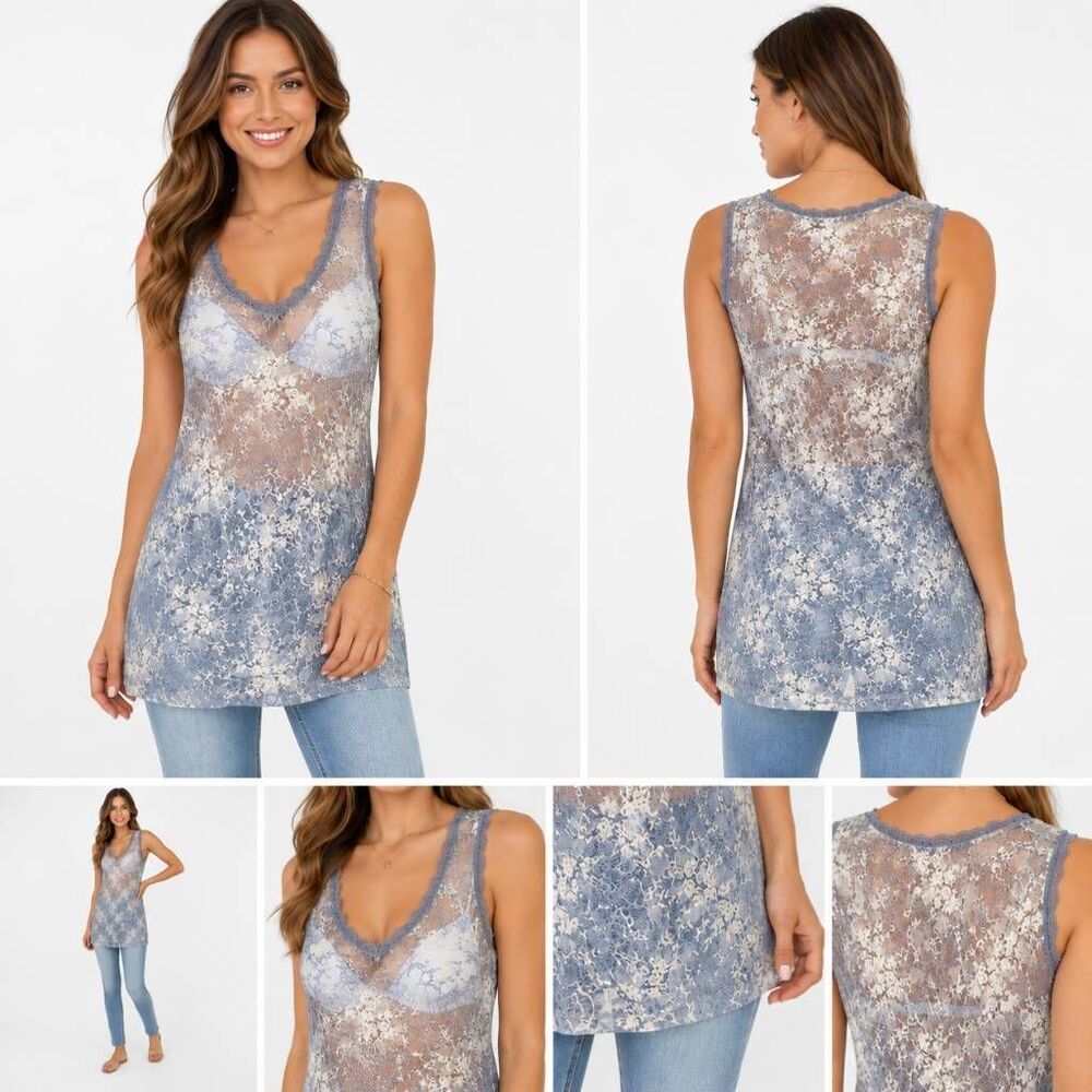 Maurices Sheer Lace Floral Tank Top Medium Blue Gray